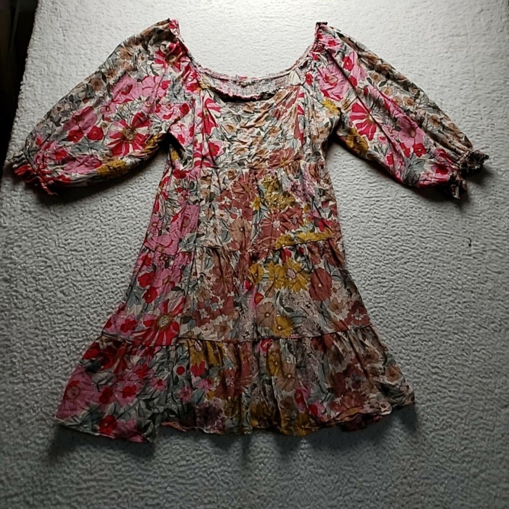 Jodifl Dress Womens 2X Multicolor Floral 3/4 Sleeve Square Neck Swing Short